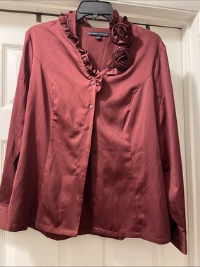Preston & York Satin Rosewood Button-Front Jacket with Floral Trim